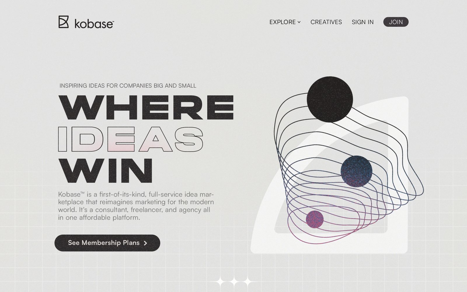 Kobase hero section: the Where Ideas Win headline over a grain-textured grid, beside a layered contour illustration